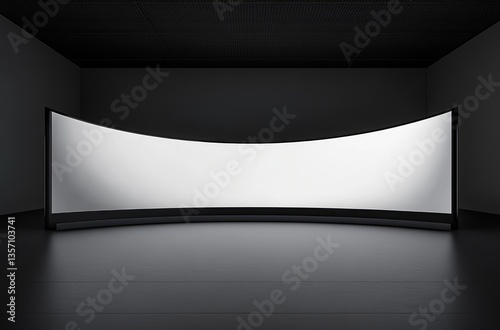 Large curved LED screen in empty virtual studio, no ceiling, black wall, white background, mockup for product/data presentation, modern atmosphere, product display