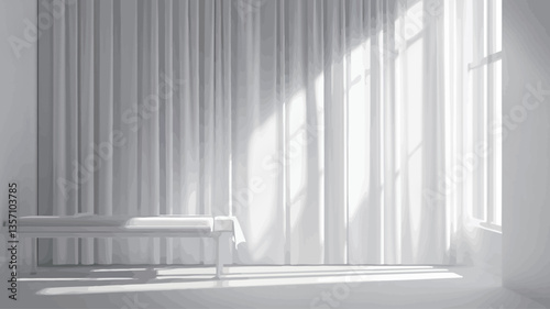 The image shows a minimalist interior scene dominated by white tones.  A long bench is positioned in the foreground, partially obscured by the shadows cast from the sheer white curtains which hang