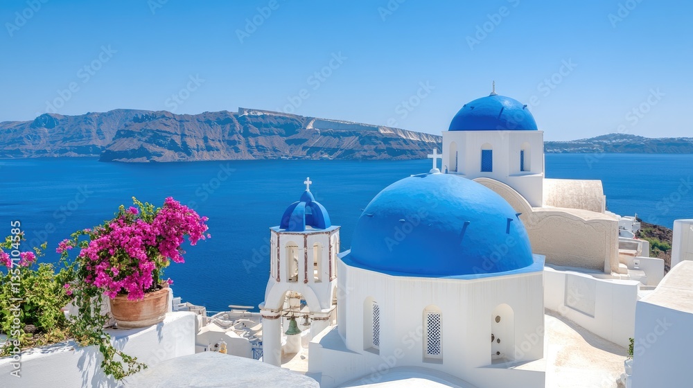 Fototapeta premium Stunning Santorini Coastal View with Blue Domed Churches and Flowers