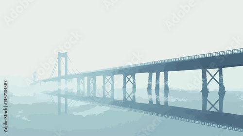 The image shows a long bridge extending across a body of water, partially obscured by a thick fog or mist. The bridge's structure is visible, with its supports and roadway clearly defined against