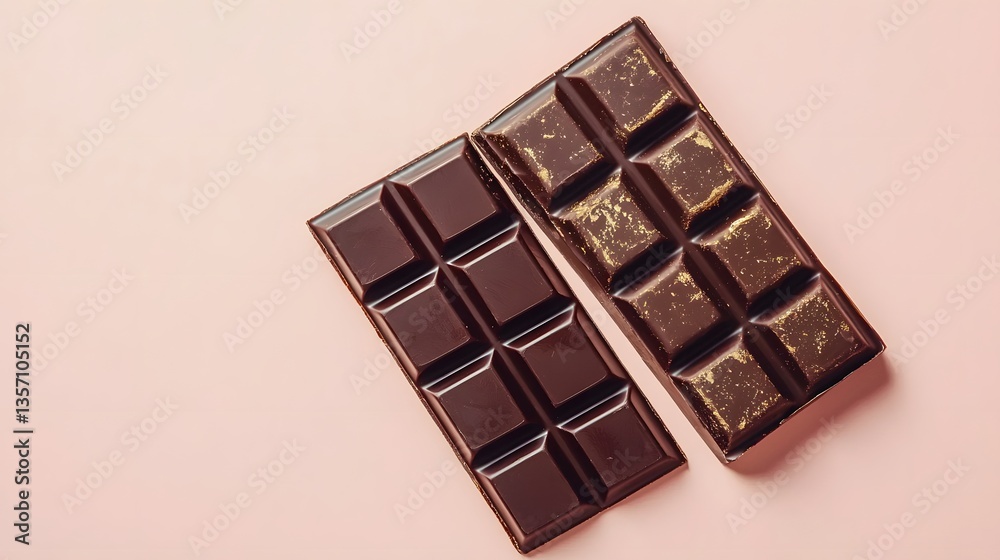 Obraz premium Dark Chocolate Indulgence: Two bars of rich, dark chocolate, each with a unique texture and hue, arranged on a soft-colored surface, offering a tantalizing view.