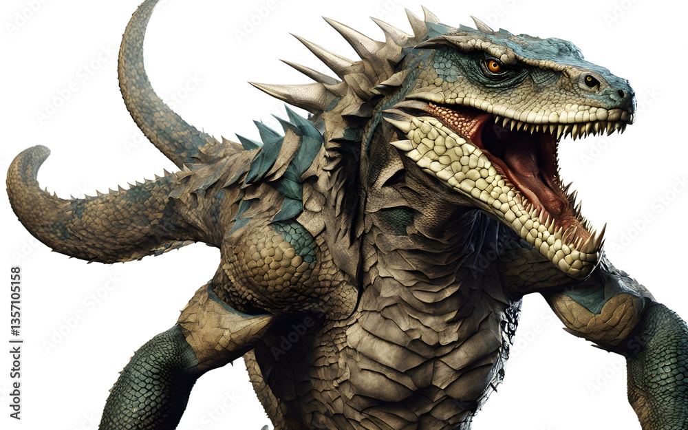 Fototapeta premium Mutant reptilian warrior with reinforced nano-armor, isolated on a empty plain background