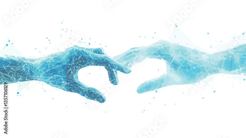 The image is a digital rendering of two abstract hands reaching towards each other.  The hands are depicted using a polygonal style, composed of interconnected lines and points, creating a
