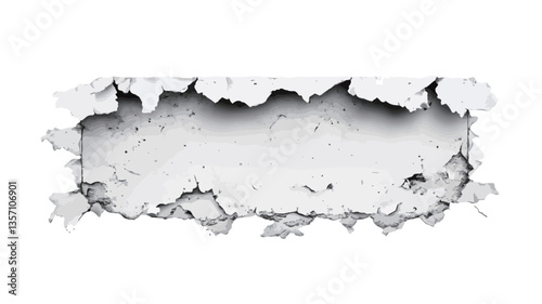 A high-resolution image depicting a rectangular section of a white wall with a large, irregularly shaped hole. The edges of the hole are jagged and uneven, showing significant damage and tearing.