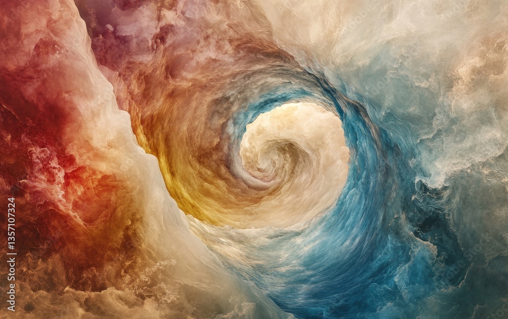 Fototapeta premium A swirling vortex of colors and textures, evocative of a storm or celestial phenomenon. The artwork is dominated by shades of red, blue, and white, blending to create a sense of movement and depth.
