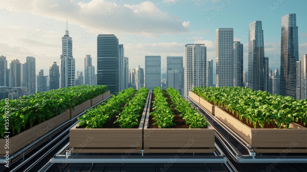Fototapeta premium Climate resilience sustainability and risk, A rooftop garden with lush greenery overlooks a modern cityscape, showcasing urban agriculture and sustainability.