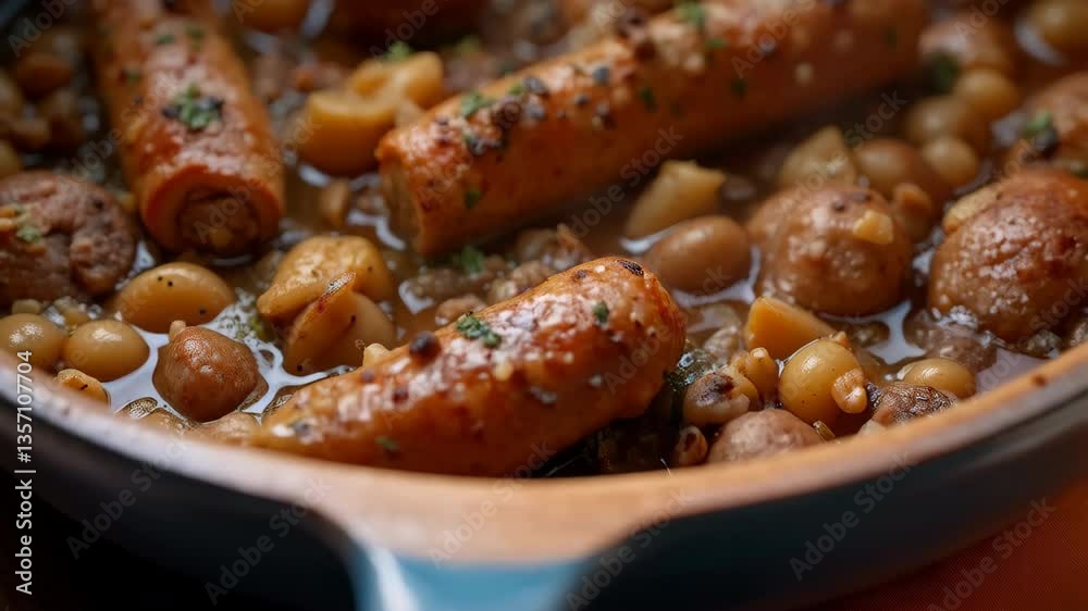 Delicious Sausage and Bean Stew with Mushrooms A Close Up Shot of Hearty Autumnal Food Delicious Sausage and Bean Stew with Mushrooms A Close Up Shot of Hearty Autumnal Food