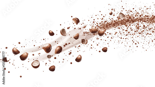 A high-resolution image depicting an explosion or dynamic movement of chocolate-covered hazelnuts against a clean white background.  The hazelnuts are varying in size and appear to be suspended in