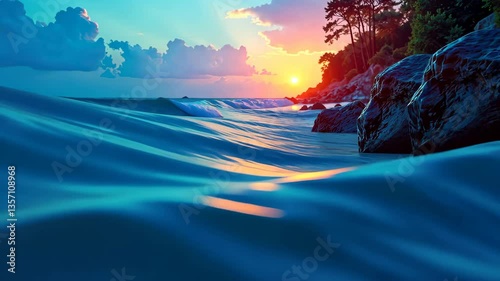 Tranquil turquoise ocean waves gently caress the rocky shore at sunset