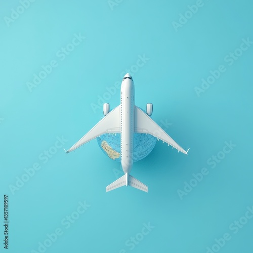 Overhead view of a white airplane model positioned above a miniature globe on a light blue background. The image evokes a sense of travel and exploration.