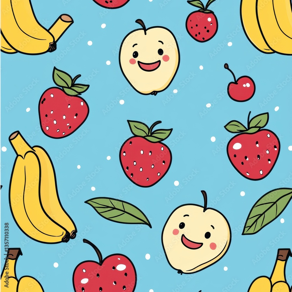 Seamless baby pattern design with smiling fruits including strawberries, bananas, apples, and cherries in soft vibrant colors Generative AI