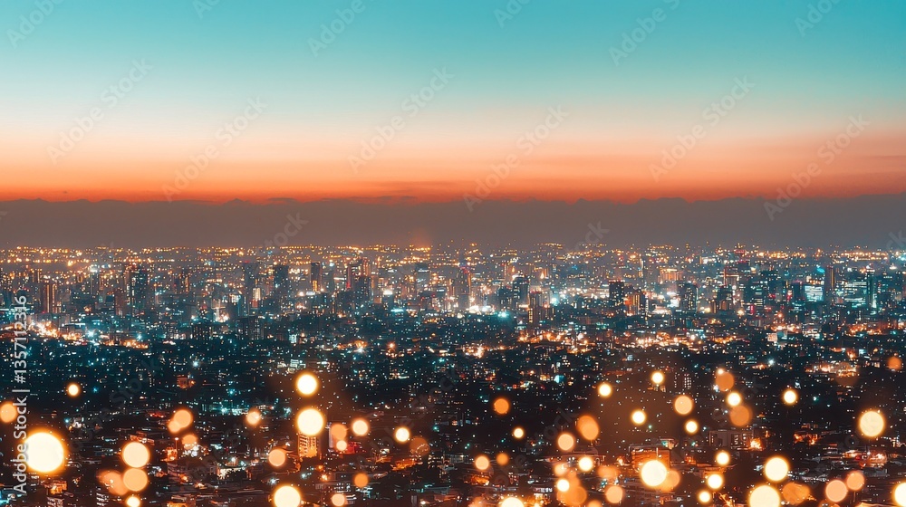 Fototapeta premium At sunset, an aerial view of the cityscape at night reveals a haze-filled background, urban lights, and a futuristic design