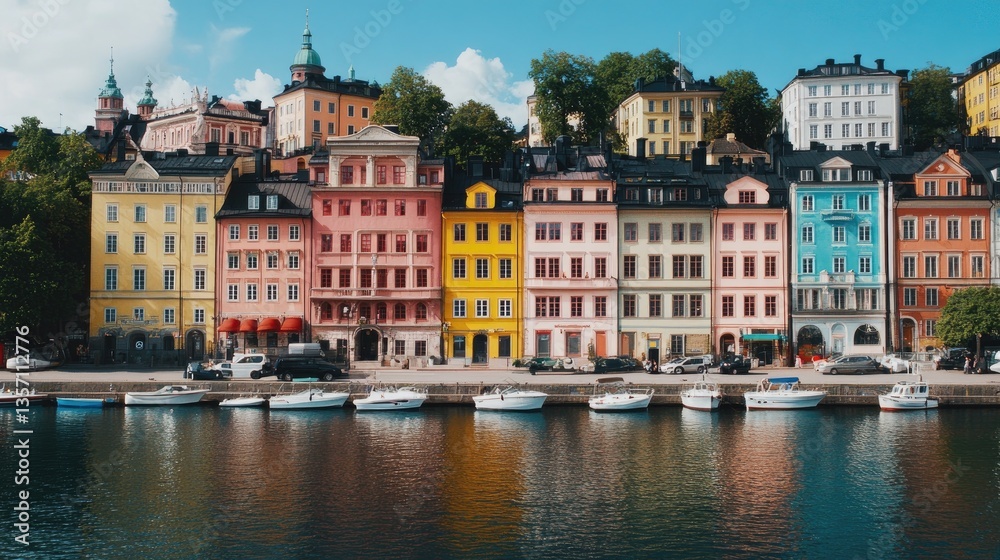 Fototapeta premium Colorful Waterfront Buildings in Stockholm with Calm Water Reflection