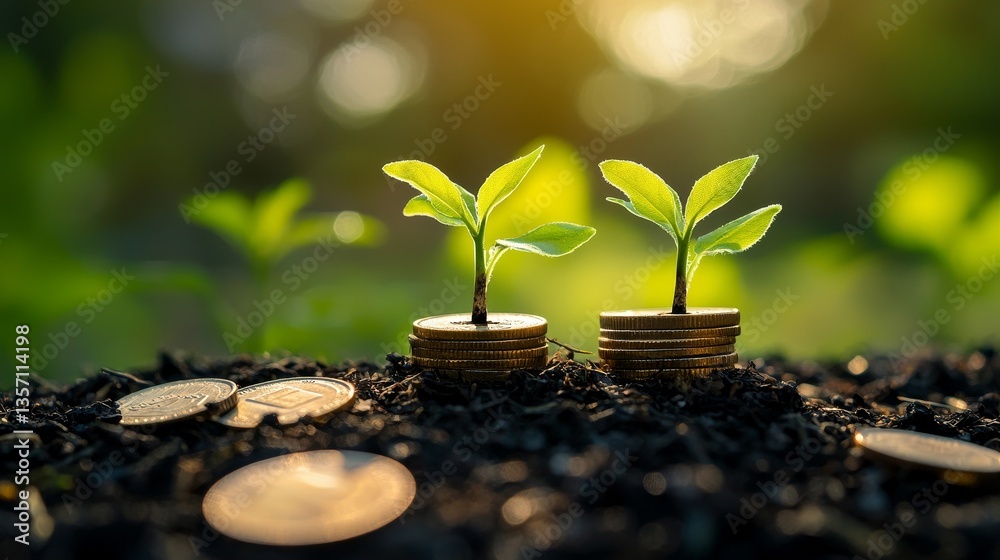 Three seedlings growing on stacked coins with sunlight and green bokeh background, symbolizing financial growth, investment success, and sustainable business planning. Three seedlings growing on stacked coins with sunlight and green bokeh background, symbolizing financial growth, investment success, and sustainable business planning.