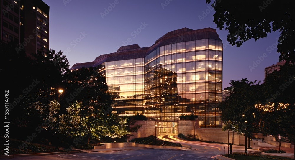 Obraz premium The office building is a modern edifice complemented by verdant landscaping and a cloudless blue sky