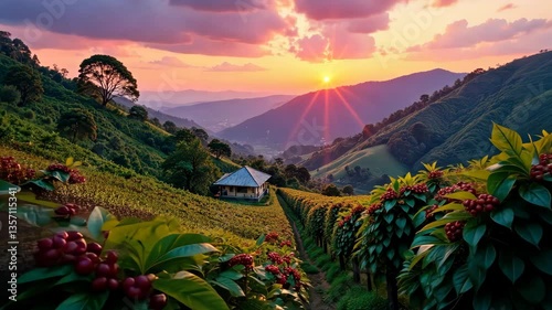 Serene Sunset Over Lush Rolling Hills and Berry Bushes