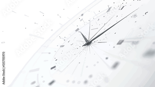 Close-up view of an abstract clock face design rendered in shades of grey and white. The image features a stylized clock hand in sharp focus against a blurred background of lines and small