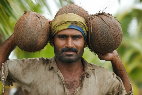 Man Carrying Coconuts on Shoulders in Tropical Farming Setting