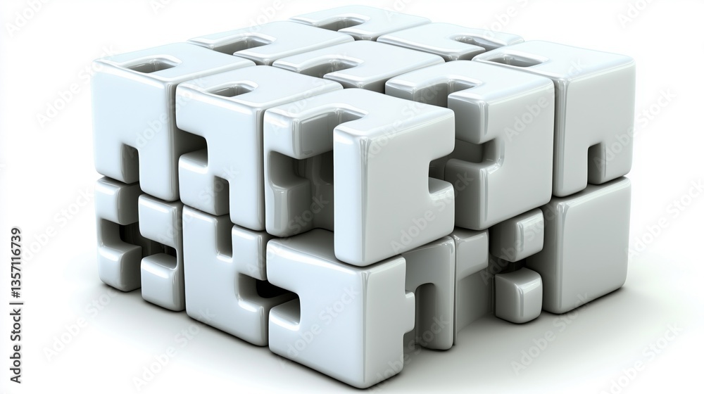 A 3D white puzzle cube isolated on a white background, showcasing its unique interlocking design. A 3D white puzzle cube isolated on a white background, showcasing its unique interlocking design.