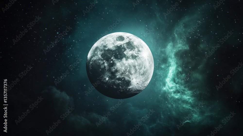 Stunning Full Moon Against Dark Starry Sky with Ethereal Clouds Stunning Full Moon Against Dark Starry Sky with Ethereal Clouds