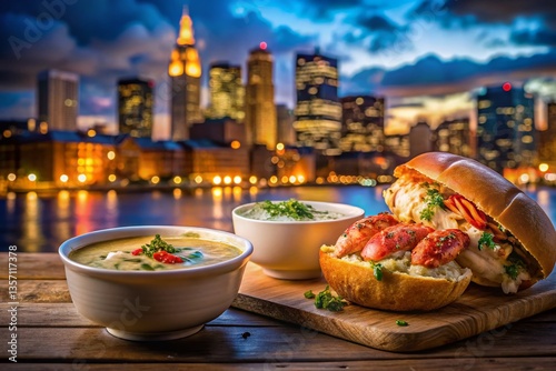 Boston Night Food Photography: Clam Chowder & Lobster Roll