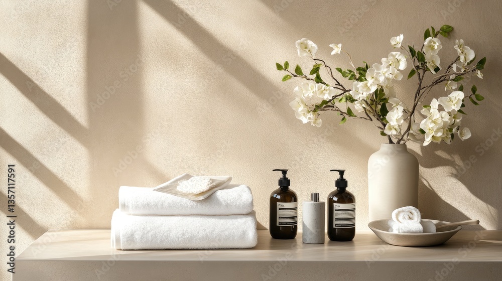 Tranquil Spa Setting with Towels, Bottles, and Floral Arrangement Tranquil Spa Setting with Towels, Bottles, and Floral Arrangement