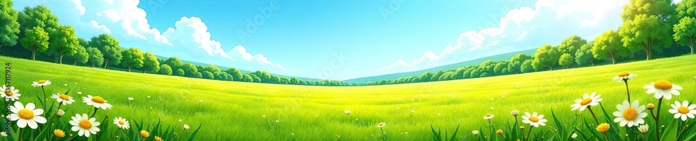 An idyllic summer landscape featuring lush green fields, vibrant flowers, and a clear blue sky, flowers, blue sky An idyllic summer landscape featuring lush green fields, vibrant flowers, and a clear blue sky, flowers, blue sky