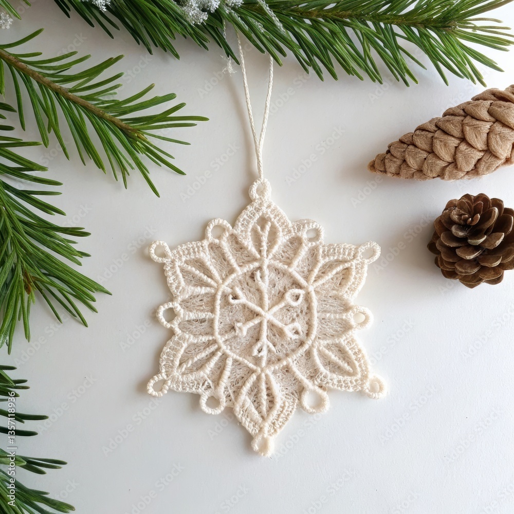 Fototapeta premium Delicate white lace snowflake ornament hanging among pine branches and cones on a white background