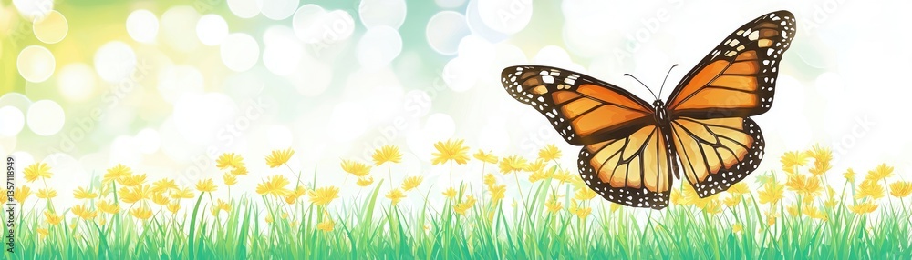 Fototapeta premium Monarch butterfly over flowers, sunny meadow, spring. Website banner