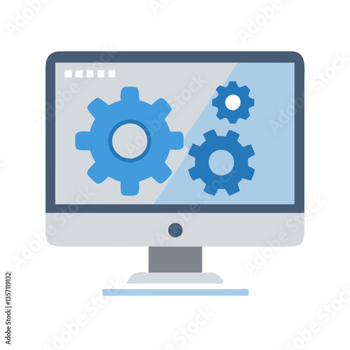 Flat icon of a computer monitor displaying gear icons, symbolizing system optimization.