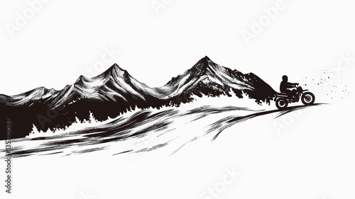 A black and white illustration depicting an ATV or quad bike traveling along a mountain road. The style is a stylized sketch or drawing with varying levels of detail. The mountains are depicted in