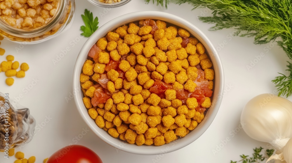 A top-down close-up shot reveals a white bowl brimming with appetizing golden-orange pet food kibble, interspersed with diced tomatoes and surrounded by fresh herbs and other A top-down close-up shot reveals a white bowl brimming with appetizing golden-orange pet food kibble, interspersed with diced tomatoes and surrounded by fresh herbs and other