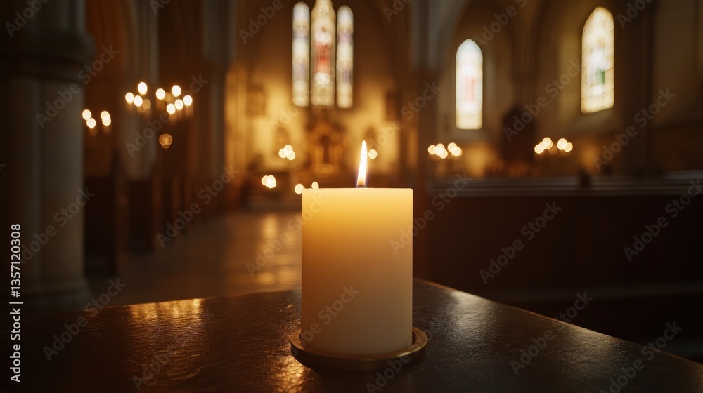 Lit candle on wooden table in dimly lit church interior with stained-glass windows and rows of pews. Lit candle on wooden table in dimly lit church interior with stained-glass windows and rows of pews.