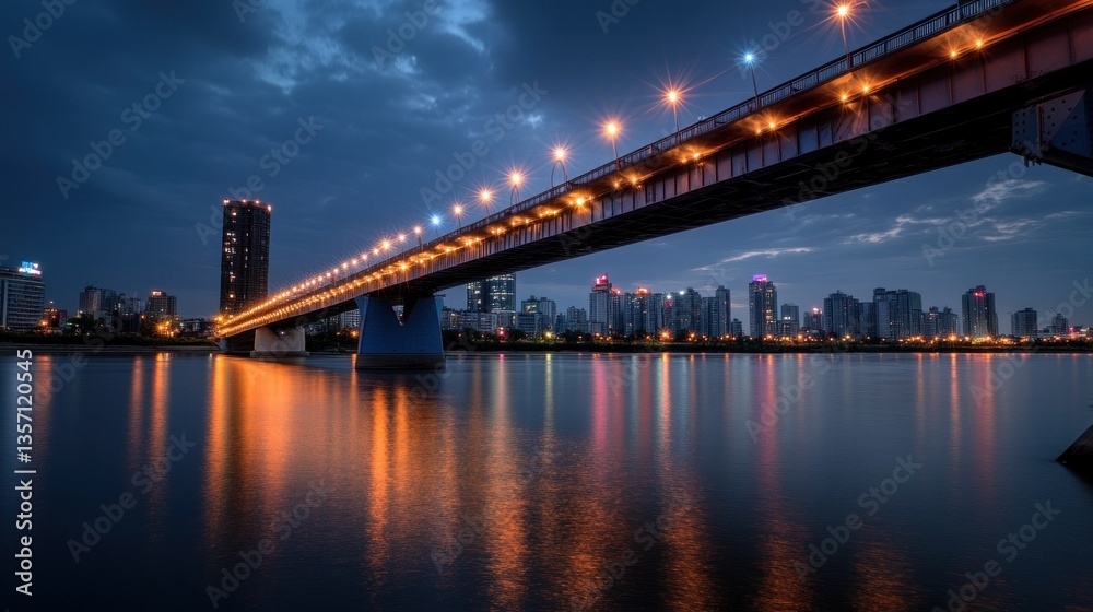 Fototapeta premium Nighttime Cityscape with Illuminated Bridge and Skyline Reflections