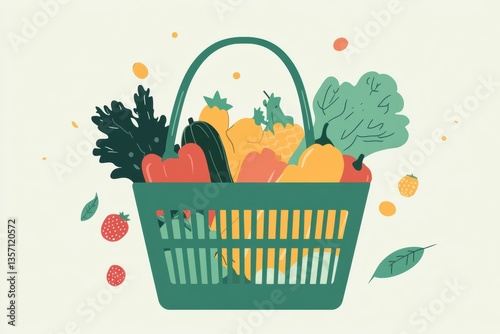 illustration of a green shopping basket filled with fresh vegetables and fruits on a soft pastel background Generative AI