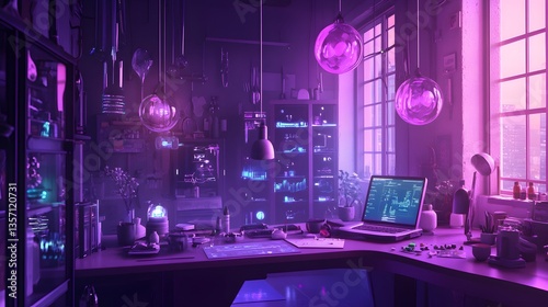 Mystic Workshop: A moody, captivating depiction of a workshop, glowing in shades of purple and pink, adorned with futuristic gadgets, evoking a sense of mystery and technological innovation.