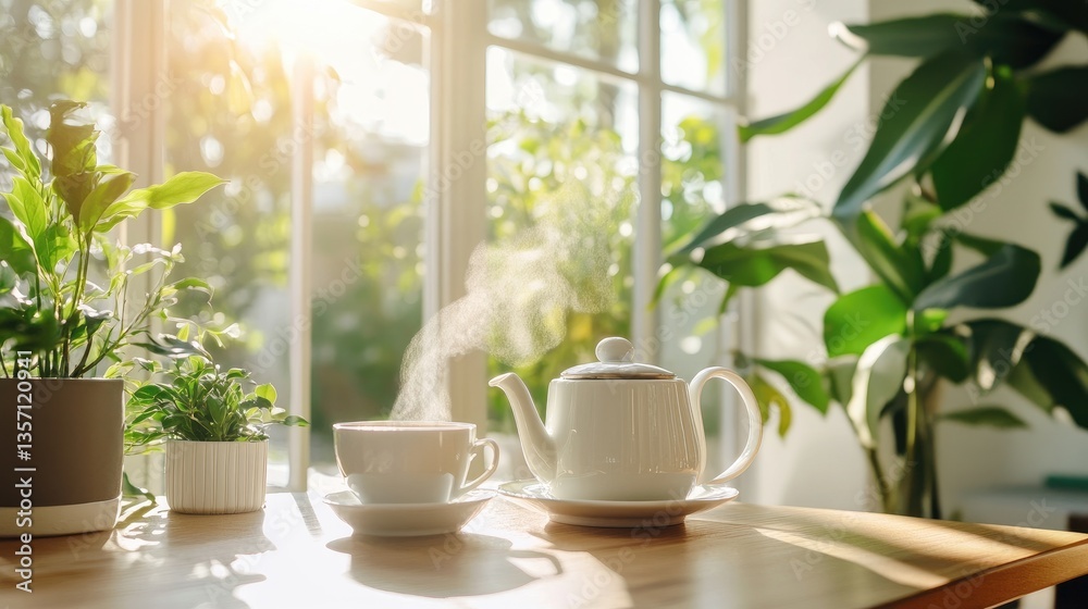 Tranquil Morning Tea with Steam in a Cozy Indoor Garden Setting