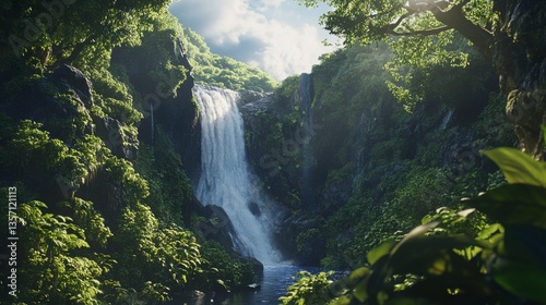 Lush Green Jungle Waterfall Landscape with Sunlight Glow and Reflections from Natural Light Source in the Environment Landscape Nature scene with Stream and Rocks and Plants and Water and Golden Hour