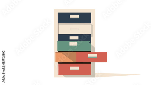 A digital illustration depicts a tall, narrow file cabinet with six drawers. Each drawer is a different pastel color (navy, off-white, dark teal, light brown, coral).  One drawer is pulled out
