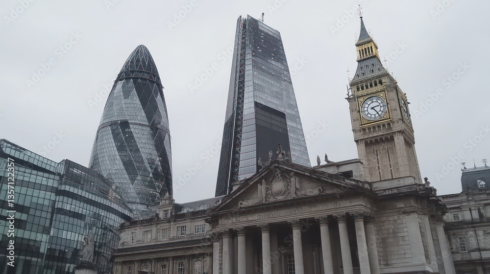 Obraz premium London skyline featuring modern and historic architecture, including the Elizabeth Tower (Big Ben).