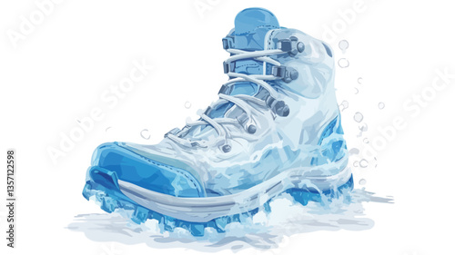 Close-up studio shot of a single hiking boot, predominantly white with blue accents, depicted with water droplets and icy elements surrounding it. The boot is presented at a three-quarter angle