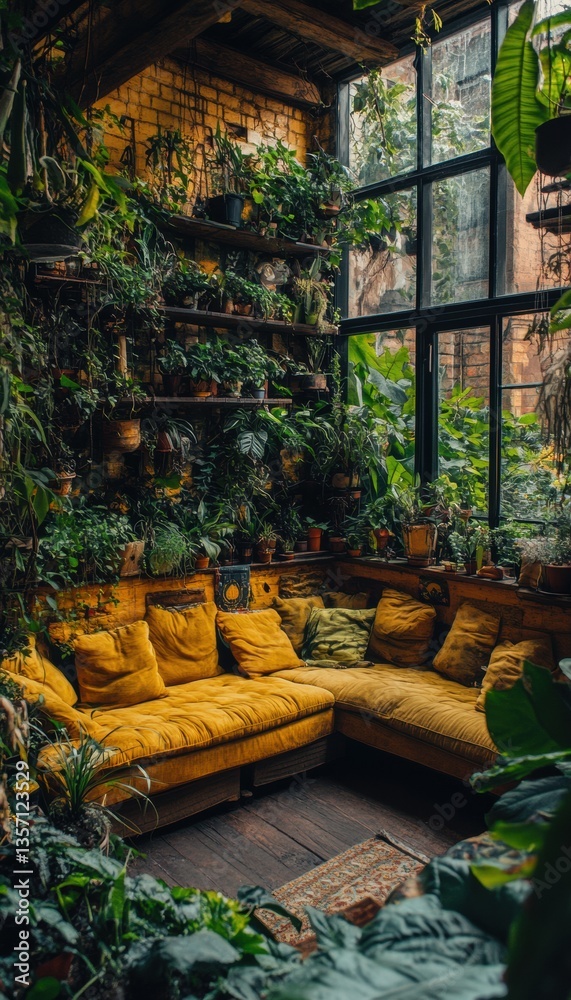 Obraz premium Relaxing corner with yellow couch surrounded by lush greenery and plants.