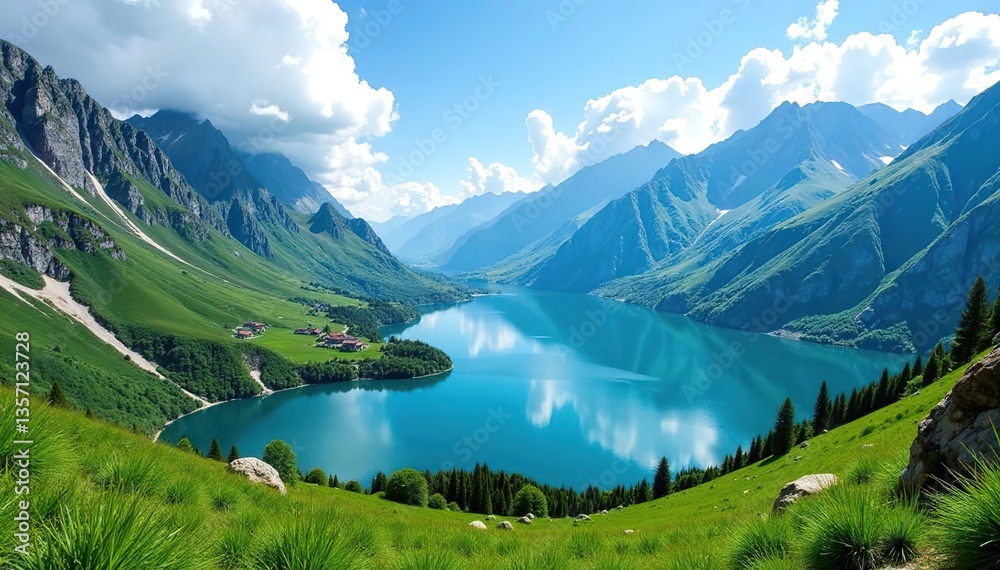 A majestic Andean landscape with towering mountains, crystal clear lakes, and lush green valleys, breathtaking, lakes A majestic Andean landscape with towering mountains, crystal clear lakes, and lush green valleys, breathtaking, lakes