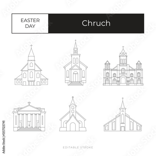 Chruch Easter Day set line icon vector editable stroke simple bundle