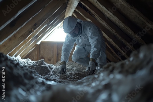 Person in Protective Suit Inspects Insulation in Attic Space