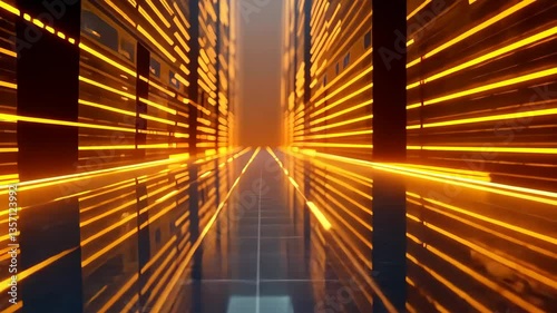 Golden light streaks illuminate a dark, reflective corridor in a seamless loop.