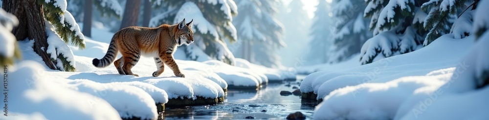 Obraz premium A majestic lynx prowling through a snowy winter landscape, surrounded by tall pine trees and frozen streams, exploration, wilderness