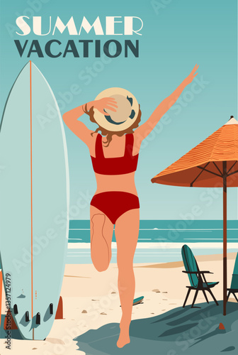 Summer poster with woman in a red bikini is running towards a surfboard on a beach with  umbrella and chairs. Colorful vector illustration