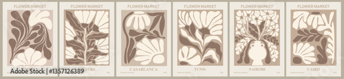 Set of abstract Flower Market posters. Trendy botanical wall arts with floral design in danish pastel colors. Modern naive groovy funky interior decorations, paintings. Vector art illustration.
