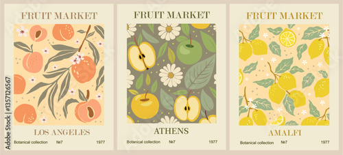Set of Abstract Fruit Market retro posters. Trendy contemporary wall arts with peach, apple, lemon fruits. Modern naive groovy interior decorations, vector art paintings.